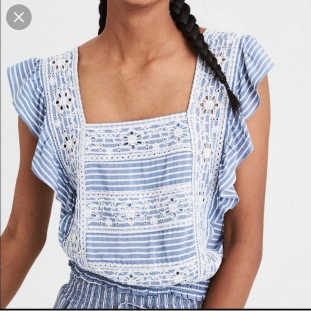 AE striped smocked crop top with flutter sleeves